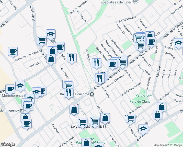 map of restaurants, bars, coffee shops, grocery stores, and more near 578 Avenue Ampère in Laval