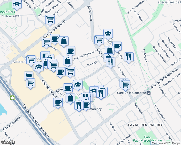 map of restaurants, bars, coffee shops, grocery stores, and more near 1583 Boulevard du Souvenir in Laval