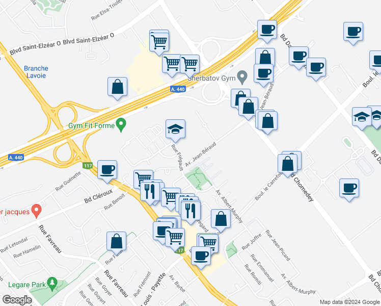 map of restaurants, bars, coffee shops, grocery stores, and more near 3755 Avenue Jean-Béraud in Laval