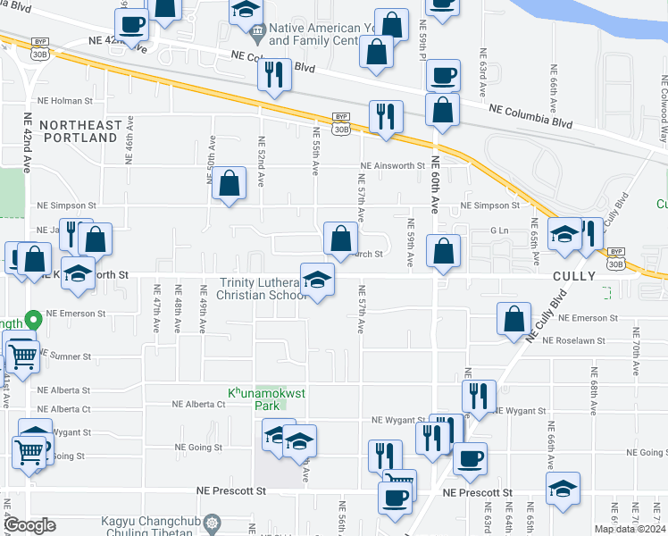 map of restaurants, bars, coffee shops, grocery stores, and more near 5624 Northeast Killingsworth Street in Portland