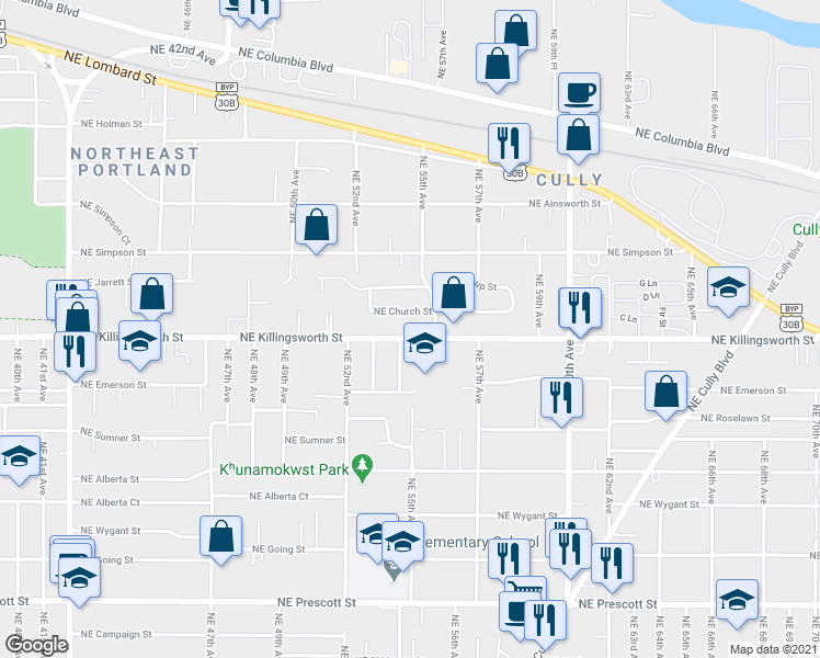 map of restaurants, bars, coffee shops, grocery stores, and more near 5520 Northeast Killingsworth Street in Portland