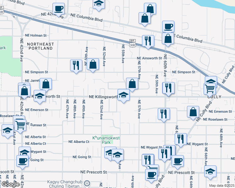 map of restaurants, bars, coffee shops, grocery stores, and more near 5520 Northeast Killingsworth Street in Portland