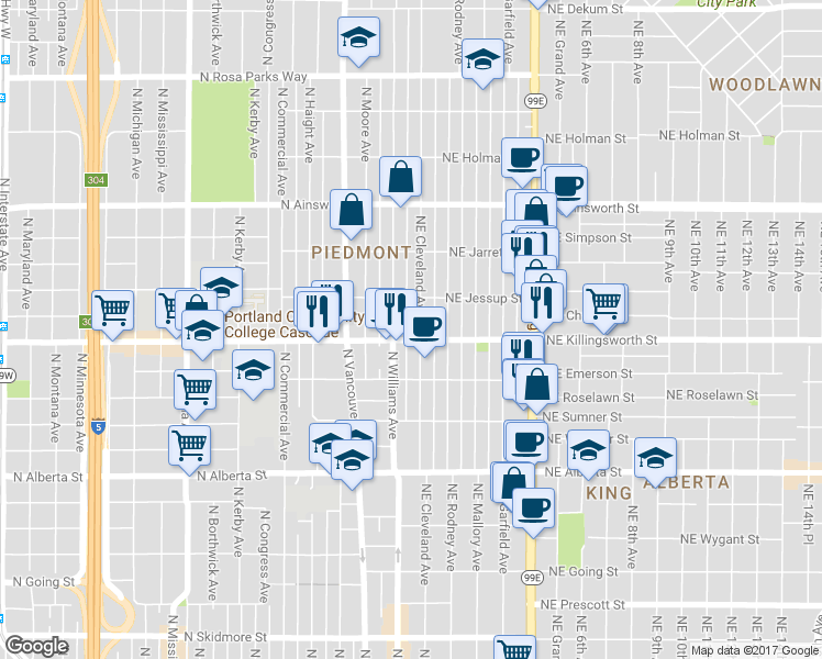 map of restaurants, bars, coffee shops, grocery stores, and more near 5410 Northeast Cleveland Avenue in Portland