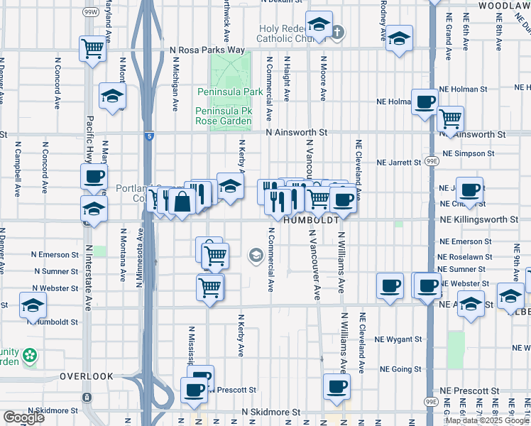 map of restaurants, bars, coffee shops, grocery stores, and more near 512 North Killingsworth Street in Portland