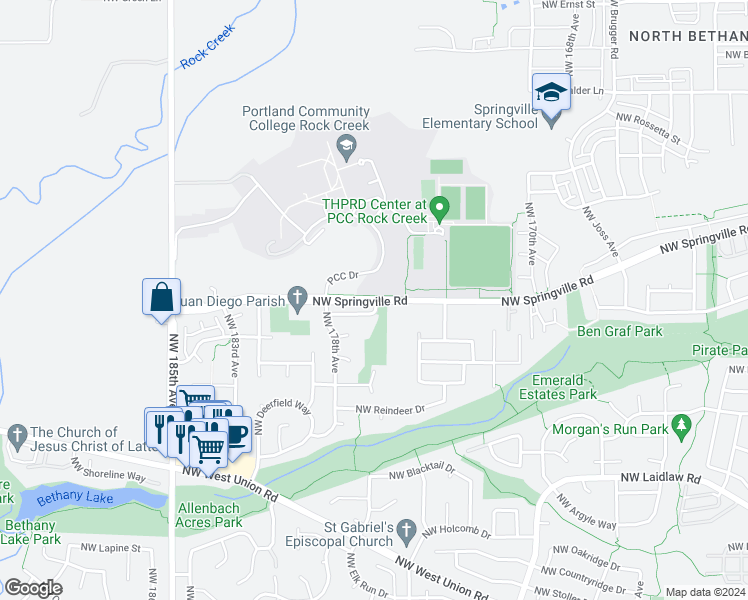 map of restaurants, bars, coffee shops, grocery stores, and more near 17662 Northwest Concordia Court in Portland