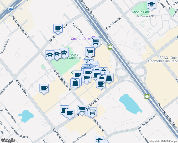 map of restaurants, bars, coffee shops, grocery stores, and more near 2930 Avenue Pierre-Péladeau in Laval