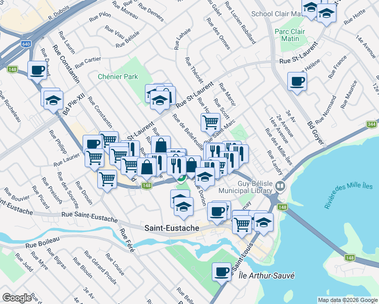 map of restaurants, bars, coffee shops, grocery stores, and more near 189 Rue Dorion in Saint-Eustache