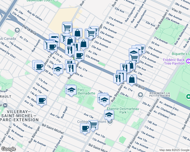map of restaurants, bars, coffee shops, grocery stores, and more near 6730 21e Avenue in Montréal