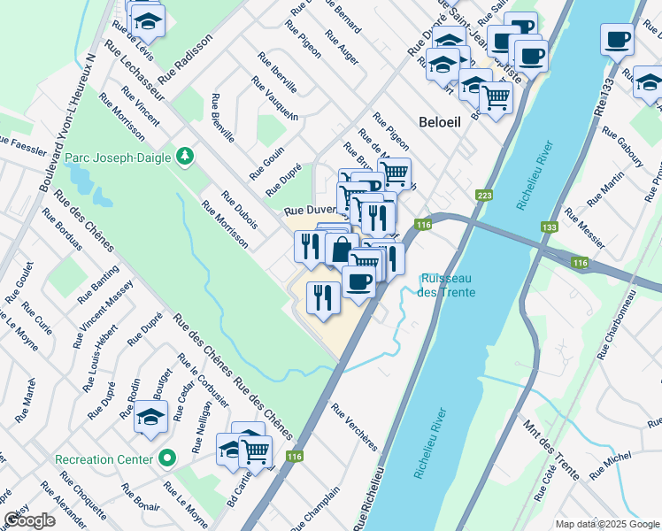 map of restaurants, bars, coffee shops, grocery stores, and more near 600 Boulevard Sir-Wilfrid-Laurier in Beloeil