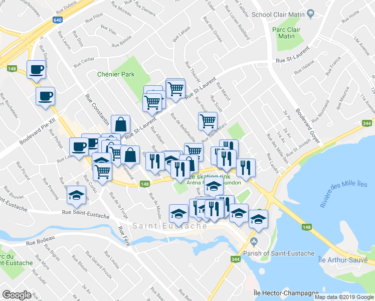 map of restaurants, bars, coffee shops, grocery stores, and more near 189 Rue Dorion in Saint-Eustache