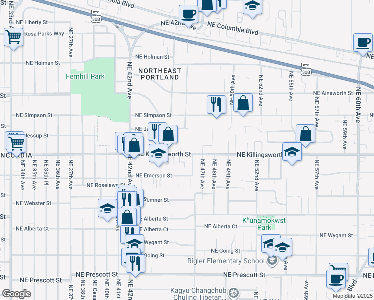 map of restaurants, bars, coffee shops, grocery stores, and more near 4552-4556 Northeast Killingsworth Street in Portland