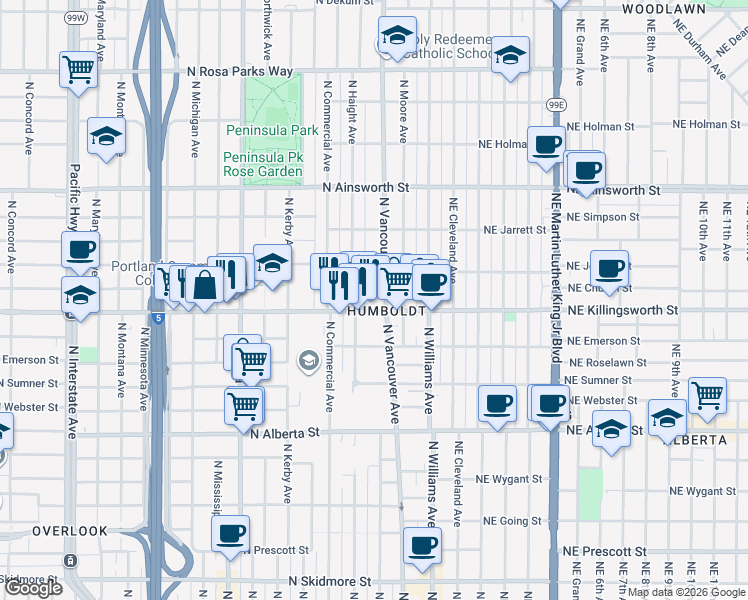 map of restaurants, bars, coffee shops, grocery stores, and more near 330 North Killingsworth Street in Portland