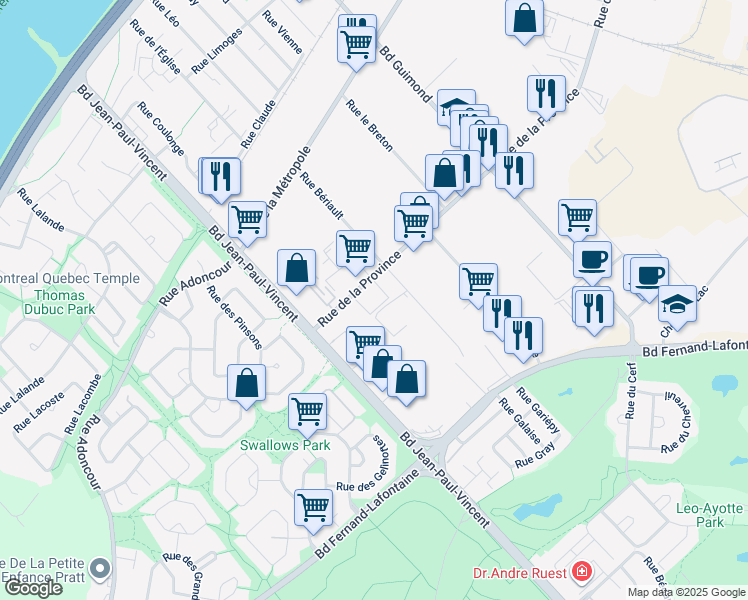 map of restaurants, bars, coffee shops, grocery stores, and more near 2120 Rue de la Province in Longueuil