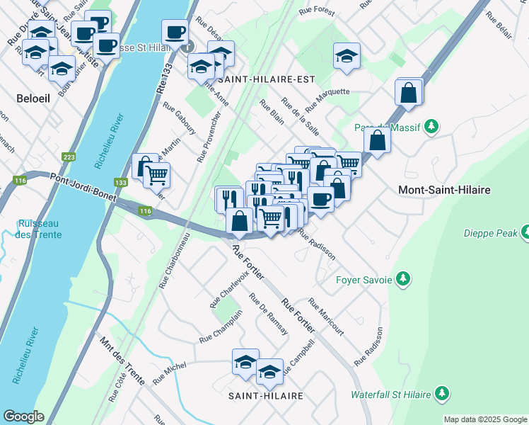 map of restaurants, bars, coffee shops, grocery stores, and more near 345 Boulevard Sir-Wilfrid-Laurier in Mont-Saint-Hilaire