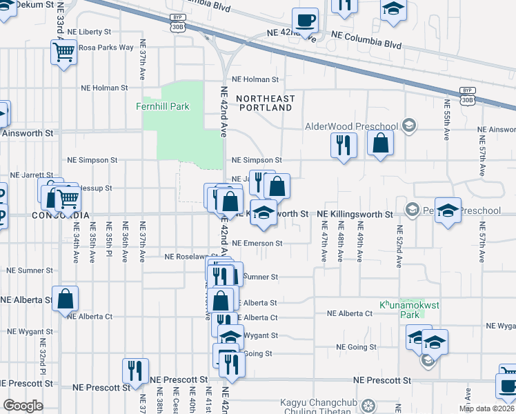 map of restaurants, bars, coffee shops, grocery stores, and more near 4331 Northeast Killingsworth Street in Portland