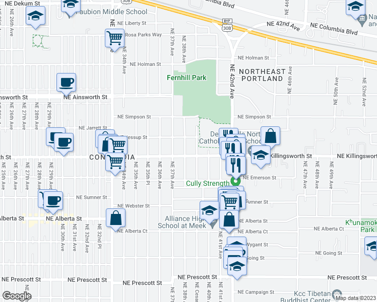 map of restaurants, bars, coffee shops, grocery stores, and more near 5426 Northeast 39th Avenue in Portland