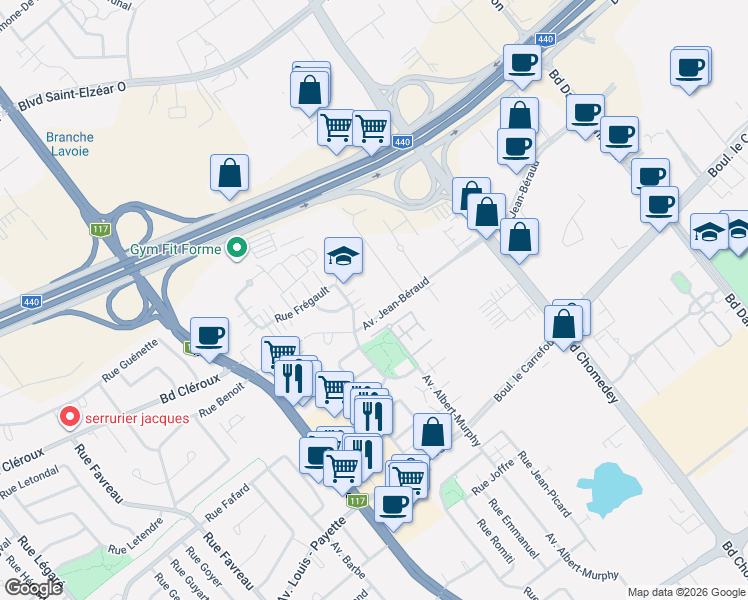 map of restaurants, bars, coffee shops, grocery stores, and more near 3735 Avenue Jean-Béraud in Laval