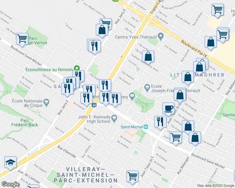 map of restaurants, bars, coffee shops, grocery stores, and more near 7686 13e Avenue in Montréal