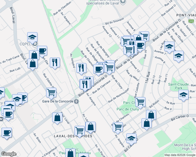 map of restaurants, bars, coffee shops, grocery stores, and more near 533 Boulevard de la Concorde Ouest in Laval