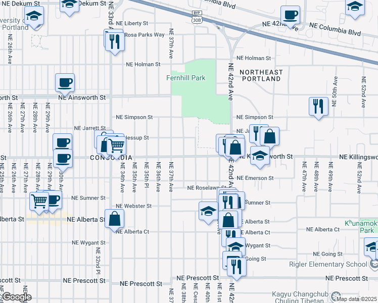 map of restaurants, bars, coffee shops, grocery stores, and more near 5426 Northeast 39th Avenue in Portland