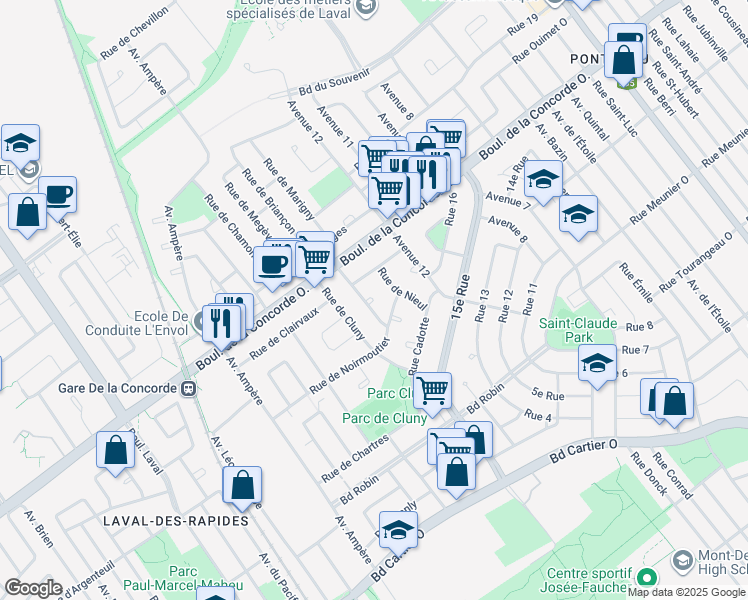 map of restaurants, bars, coffee shops, grocery stores, and more near 459 Rue de Pontivy in Laval