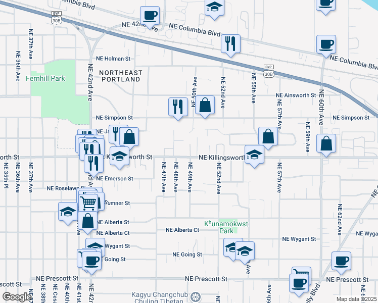 map of restaurants, bars, coffee shops, grocery stores, and more near 5440-5444 Northeast 49th Avenue in Portland