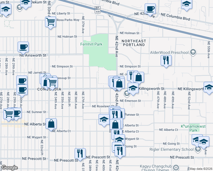 map of restaurants, bars, coffee shops, grocery stores, and more near 5424 Northeast 40th Avenue in Portland