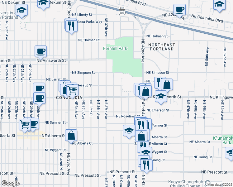 map of restaurants, bars, coffee shops, grocery stores, and more near 5426 Northeast 39th Avenue in Portland