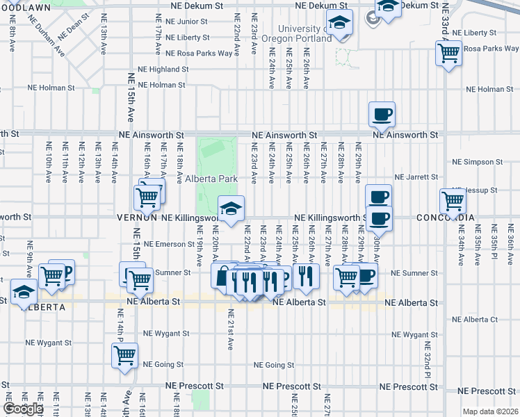 map of restaurants, bars, coffee shops, grocery stores, and more near 2308 Northeast Killingsworth Street in Portland