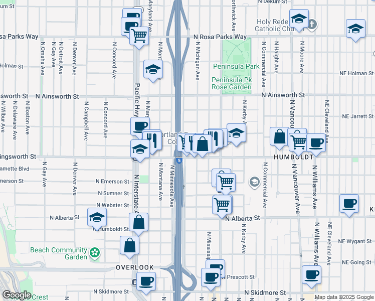 map of restaurants, bars, coffee shops, grocery stores, and more near 1010 North Killingsworth Street in Portland