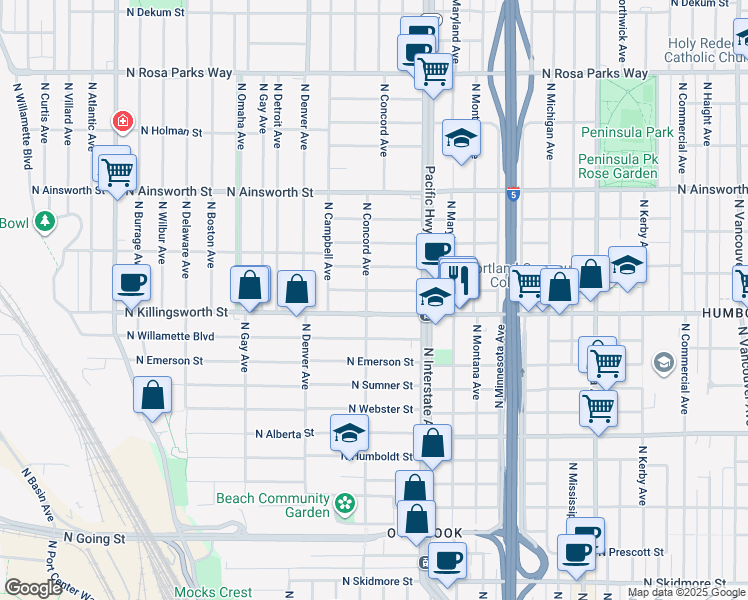 map of restaurants, bars, coffee shops, grocery stores, and more near 5425 North Concord Avenue in Portland