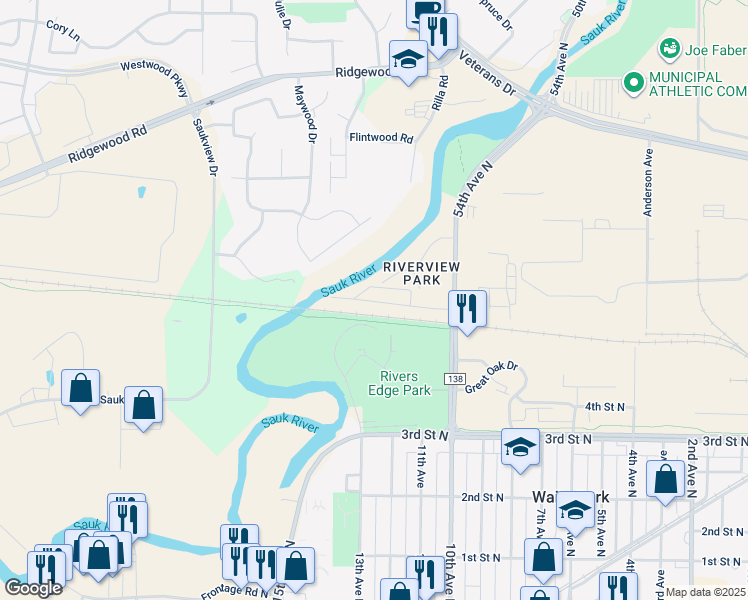 map of restaurants, bars, coffee shops, grocery stores, and more near 418 Great Oak Dr in Waite Park