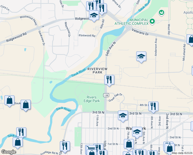 map of restaurants, bars, coffee shops, grocery stores, and more near 519 54th Avenue North in St. Cloud