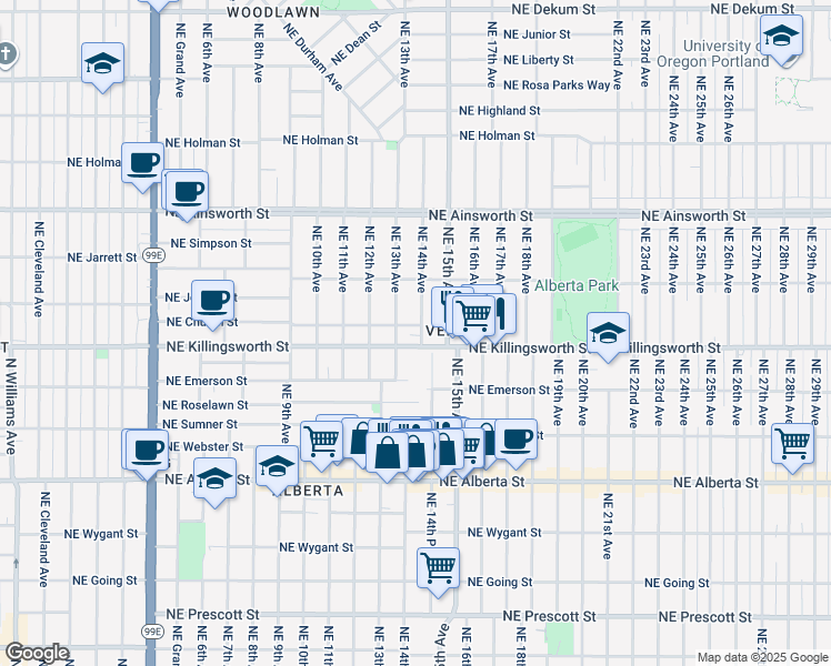 map of restaurants, bars, coffee shops, grocery stores, and more near 1330 Northeast Church Street in Portland