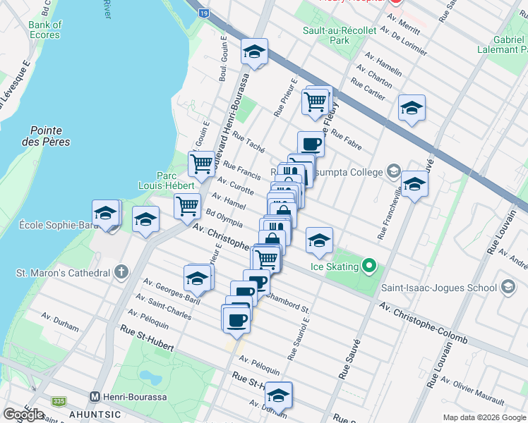 map of restaurants, bars, coffee shops, grocery stores, and more near 10441 Avenue Hamel in Montréal