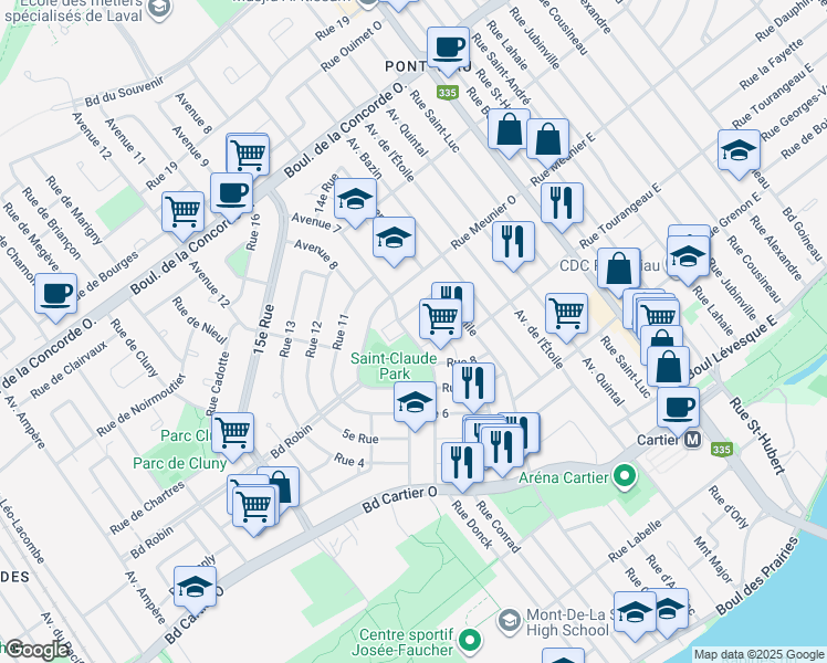 map of restaurants, bars, coffee shops, grocery stores, and more near 155 7e Avenue in Laval