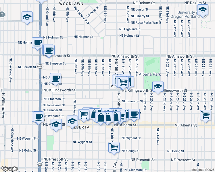 map of restaurants, bars, coffee shops, grocery stores, and more near 5420 Northeast 13th Avenue in Portland