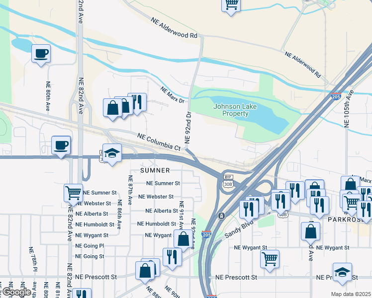 map of restaurants, bars, coffee shops, grocery stores, and more near 9111 Northeast Columbia Boulevard in Portland
