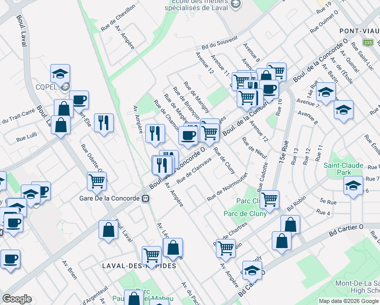 map of restaurants, bars, coffee shops, grocery stores, and more near 533 Boulevard de la Concorde Ouest in Laval