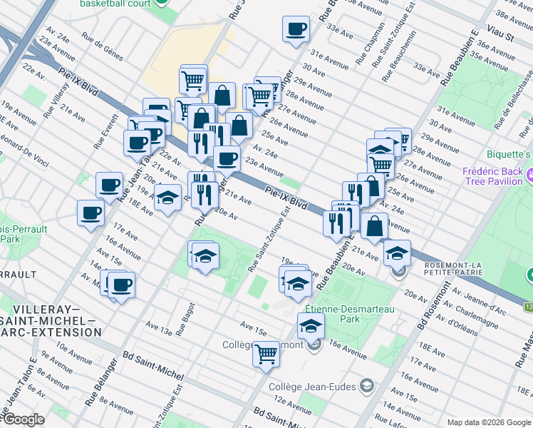 map of restaurants, bars, coffee shops, grocery stores, and more near 6740 21e Avenue in Montrã©Al