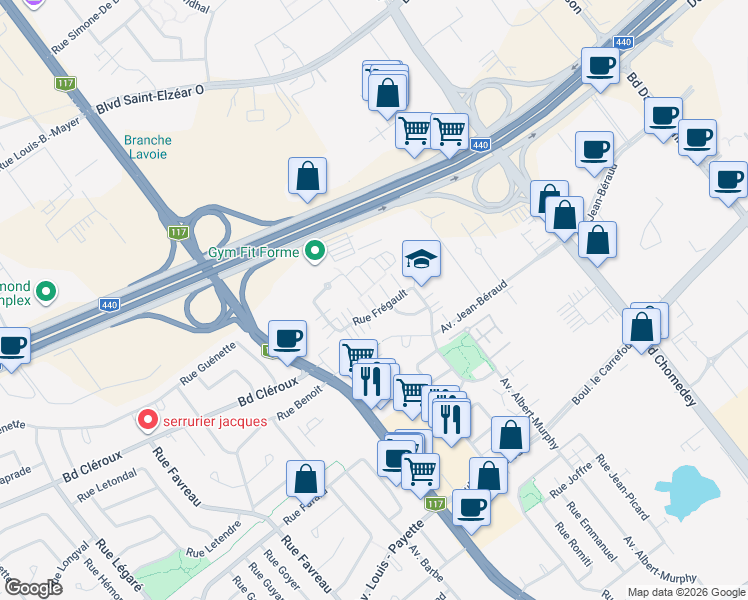 map of restaurants, bars, coffee shops, grocery stores, and more near 2719 Rue Frégault in Laval