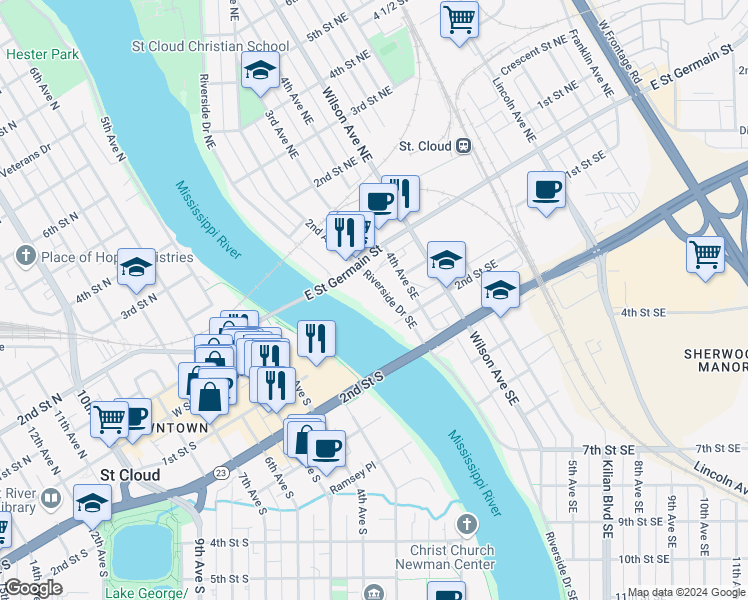 map of restaurants, bars, coffee shops, grocery stores, and more near 101 Riverside Drive Southeast in St. Cloud