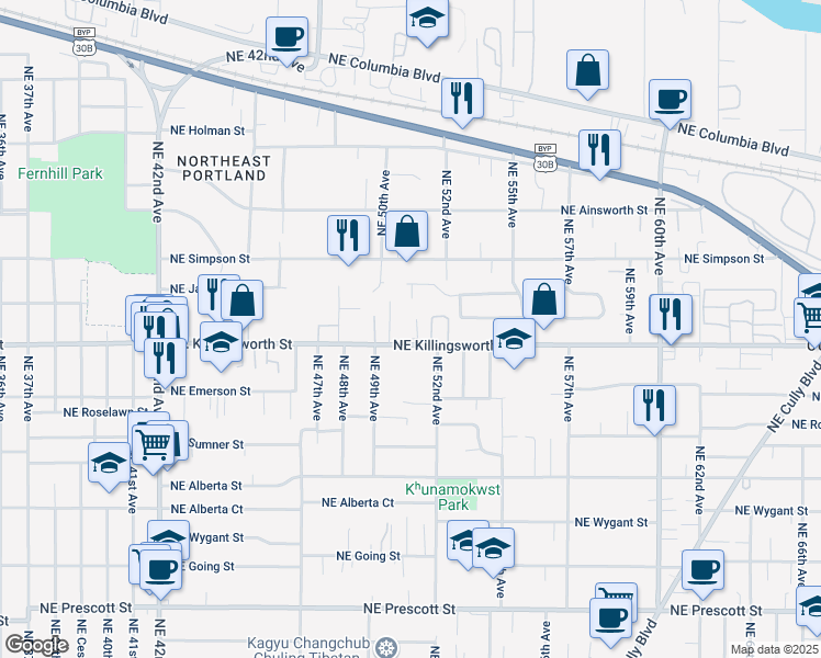 map of restaurants, bars, coffee shops, grocery stores, and more near 5109 Northeast Killingsworth Street in Portland