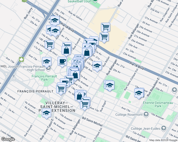 map of restaurants, bars, coffee shops, grocery stores, and more near 7122 18E Avenue in Montreal