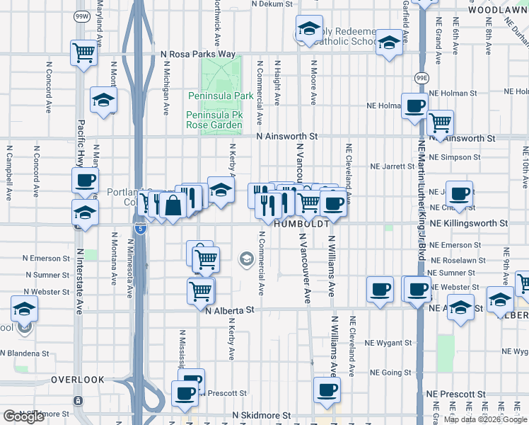 map of restaurants, bars, coffee shops, grocery stores, and more near 5528 North Commercial Avenue in Portland