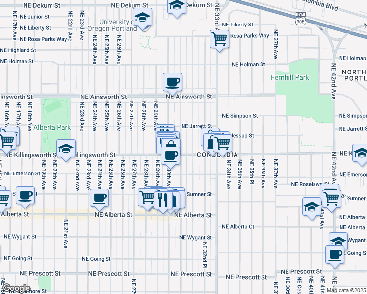 map of restaurants, bars, coffee shops, grocery stores, and more near 5433 Northeast 31st Avenue in Portland
