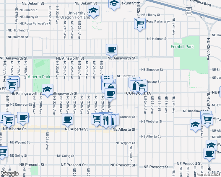 map of restaurants, bars, coffee shops, grocery stores, and more near 5433 Northeast 31st Avenue in Portland