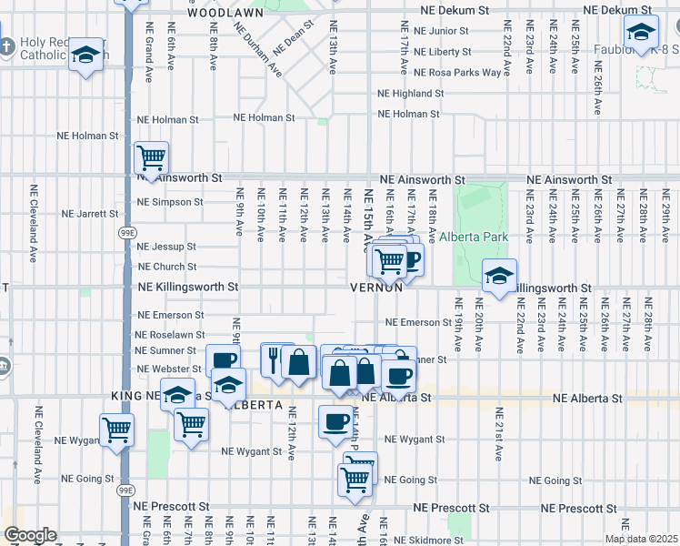 map of restaurants, bars, coffee shops, grocery stores, and more near 5420 Northeast 13th Avenue in Portland