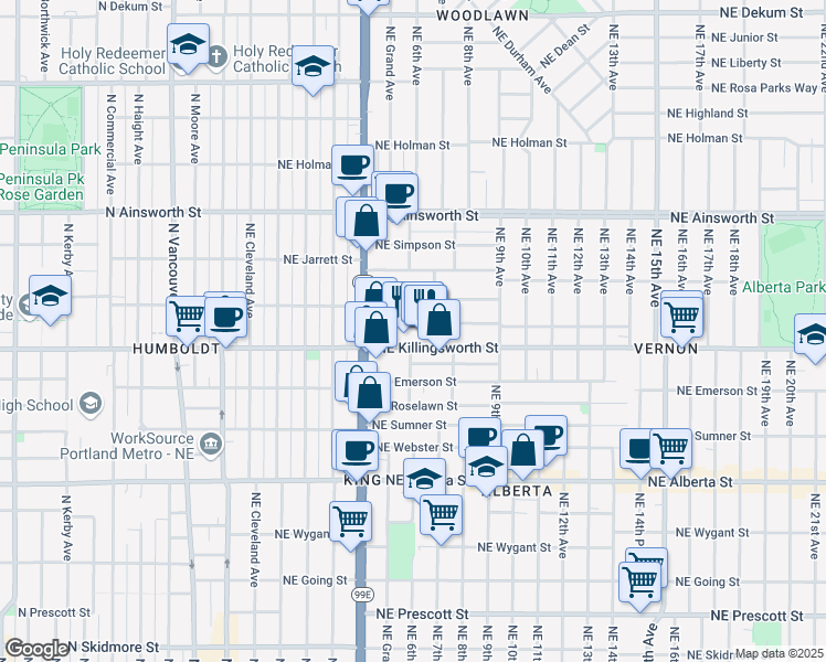map of restaurants, bars, coffee shops, grocery stores, and more near 5420 Northeast 6th Avenue in Portland