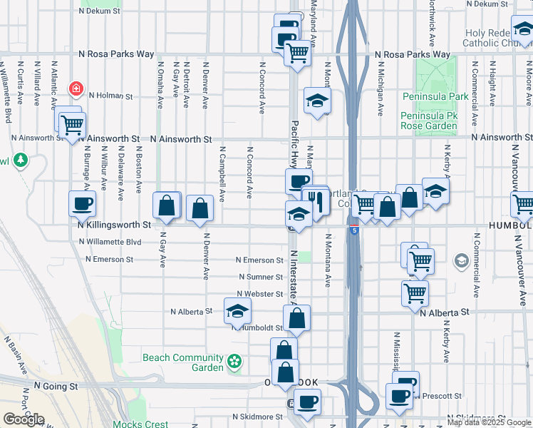 map of restaurants, bars, coffee shops, grocery stores, and more near 1552 North Killingsworth Street in Portland